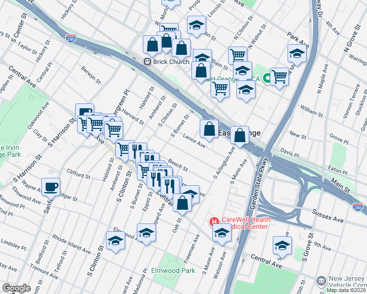 map of restaurants, bars, coffee shops, grocery stores, and more near 65 Chestnut Street in East Orange