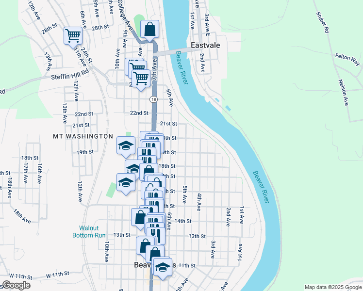 map of restaurants, bars, coffee shops, grocery stores, and more near 519 19th Street in Beaver Falls