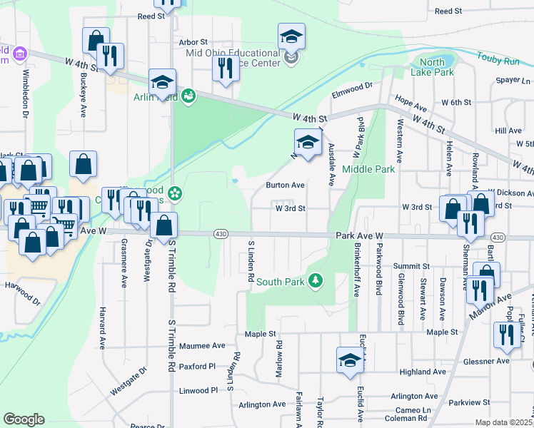 map of restaurants, bars, coffee shops, grocery stores, and more near 856 Park Avenue West in Mansfield