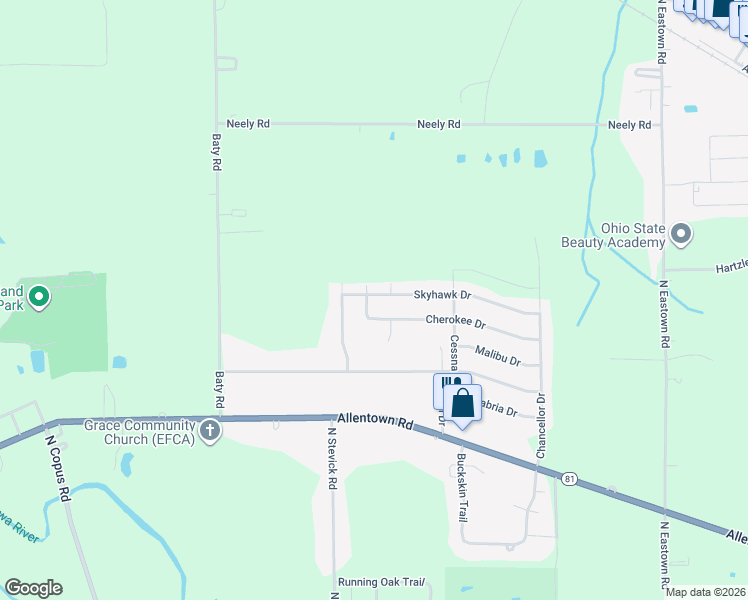 map of restaurants, bars, coffee shops, grocery stores, and more near 3920 Cherokee Dr in Elida