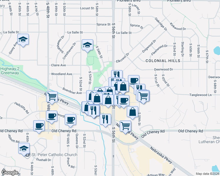 map of restaurants, bars, coffee shops, grocery stores, and more near 5521 Quail Ridge Circle in Lincoln