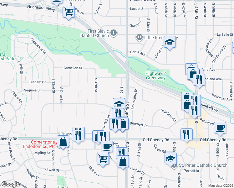 map of restaurants, bars, coffee shops, grocery stores, and more near 3840 Blackberry Circle in Lincoln