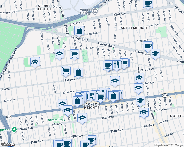 map of restaurants, bars, coffee shops, grocery stores, and more near 30-53 85th Street in Queens