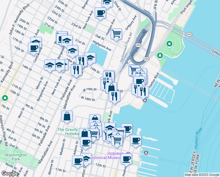 map of restaurants, bars, coffee shops, grocery stores, and more near Willow Avenue & 19th Street in Weehawken