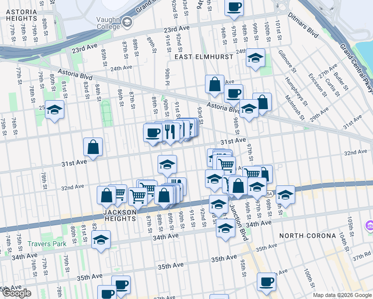 map of restaurants, bars, coffee shops, grocery stores, and more near 31-20 91st Street in Queens