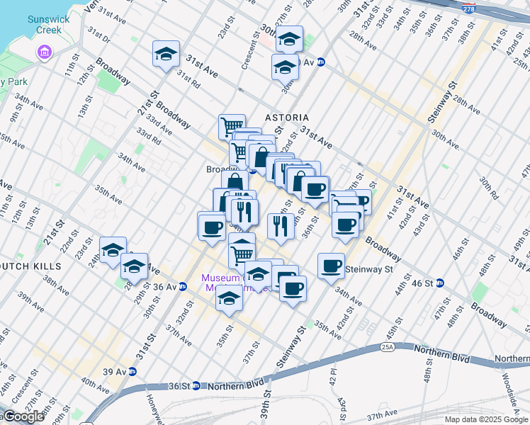 map of restaurants, bars, coffee shops, grocery stores, and more near 33-53 33rd Street in Queens