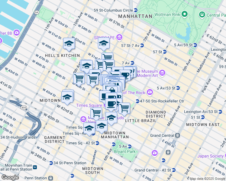 map of restaurants, bars, coffee shops, grocery stores, and more near 200 West 48th Street in New York