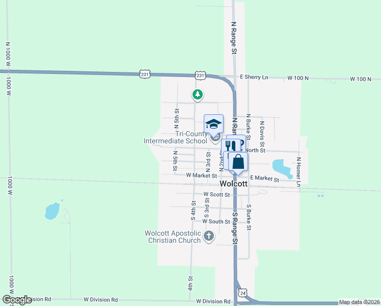 map of restaurants, bars, coffee shops, grocery stores, and more near 202 North 4th Street in Wolcott