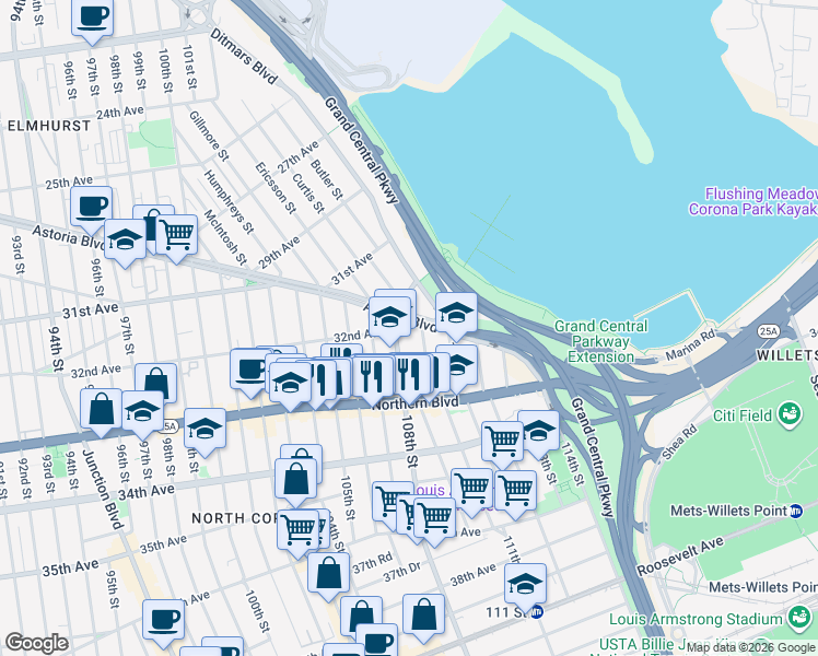 map of restaurants, bars, coffee shops, grocery stores, and more near 32-14 108th Street in Queens