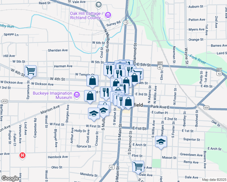 map of restaurants, bars, coffee shops, grocery stores, and more near 33 North Walnut Street in Mansfield
