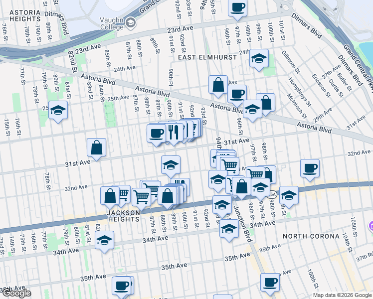 map of restaurants, bars, coffee shops, grocery stores, and more near 31-20 91st Street in Queens