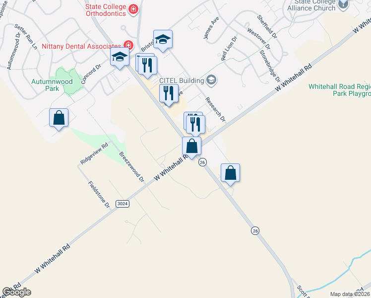 map of restaurants, bars, coffee shops, grocery stores, and more near 2100 West Whitehall Road in State College