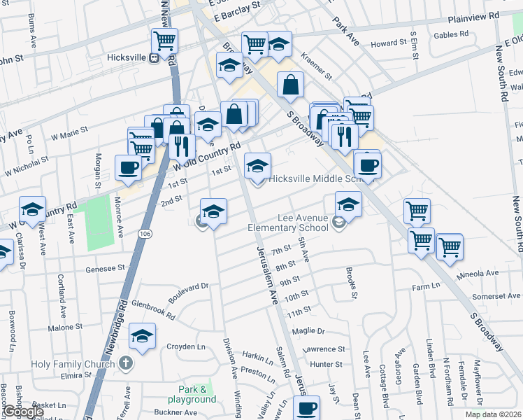 map of restaurants, bars, coffee shops, grocery stores, and more near 224 Jerusalem Avenue in Hicksville