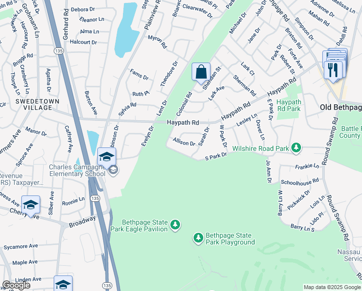map of restaurants, bars, coffee shops, grocery stores, and more near 93 South Park Drive in Old Bethpage