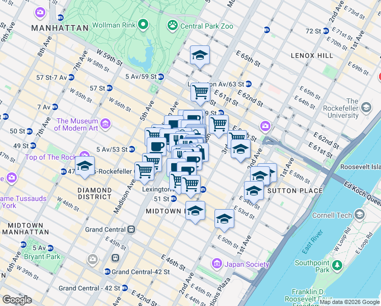 map of restaurants, bars, coffee shops, grocery stores, and more near 123 East 55th Street in New York