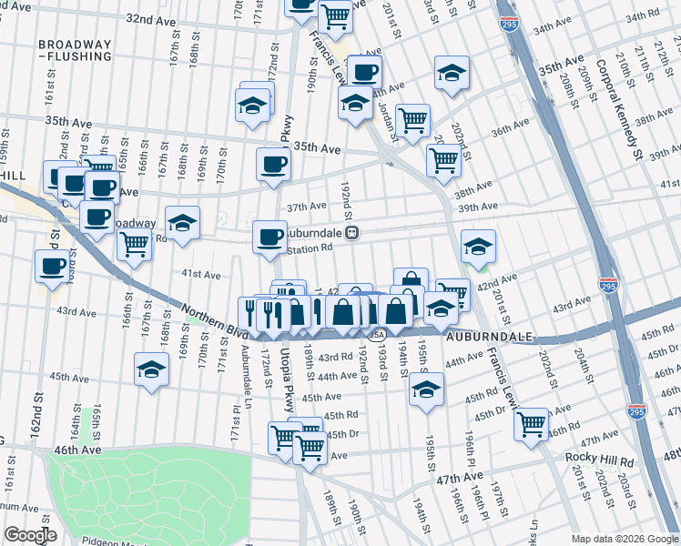 map of restaurants, bars, coffee shops, grocery stores, and more near 190-07 42nd Avenue in Queens