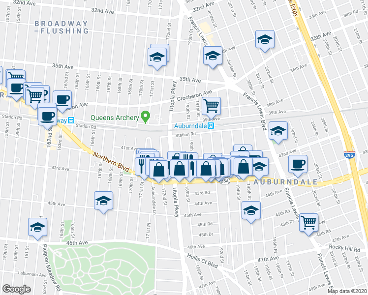 map of restaurants, bars, coffee shops, grocery stores, and more near 40-27 189th Street in Queens