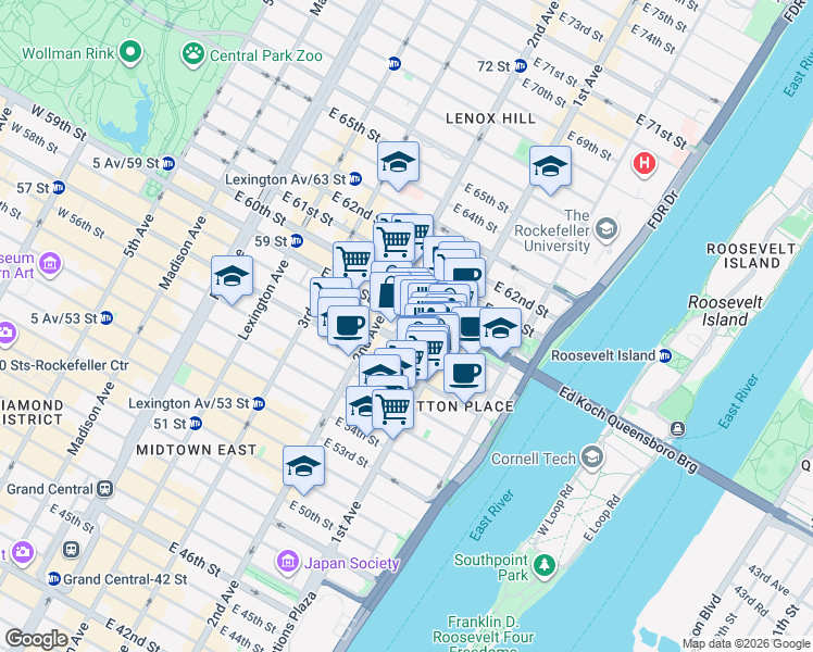 map of restaurants, bars, coffee shops, grocery stores, and more near 331 East 58th Street in New York