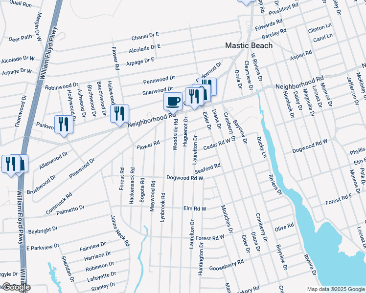 map of restaurants, bars, coffee shops, grocery stores, and more near 170 Huguenot Drive in Mastic Beach