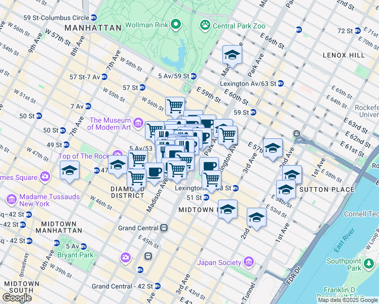 map of restaurants, bars, coffee shops, grocery stores, and more near 527 Madison Avenue in New York