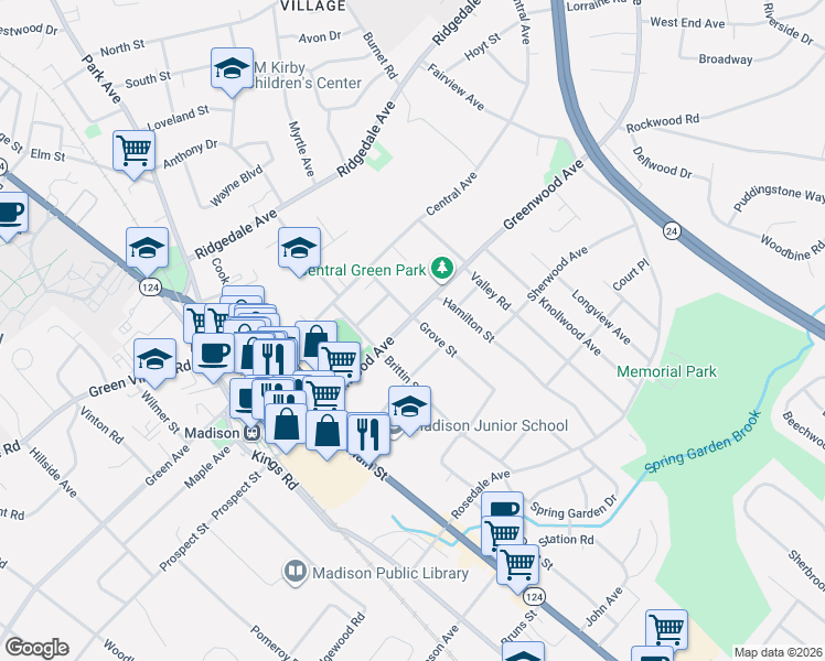 map of restaurants, bars, coffee shops, grocery stores, and more near 38 Alexander Avenue in Madison