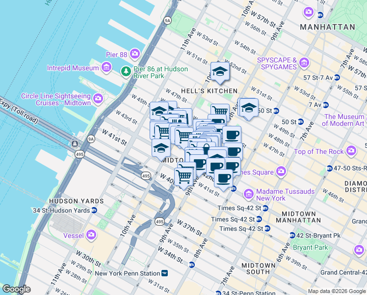 map of restaurants, bars, coffee shops, grocery stores, and more near in New York