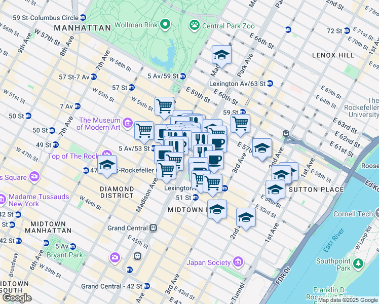 map of restaurants, bars, coffee shops, grocery stores, and more near 400 Park Avenue in New York
