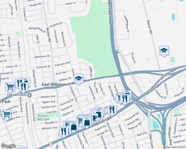 map of restaurants, bars, coffee shops, grocery stores, and more near 1 Ridge Road in East Williston