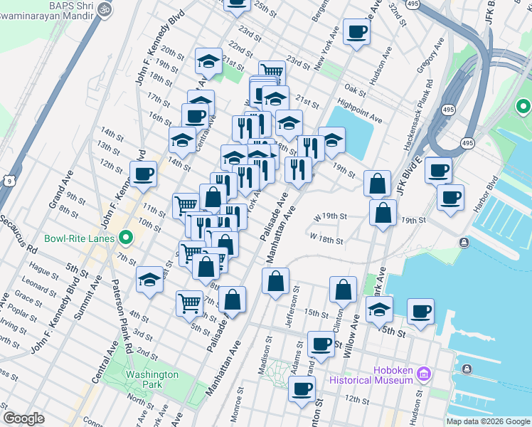 map of restaurants, bars, coffee shops, grocery stores, and more near 1304 Palisade Avenue in Union City