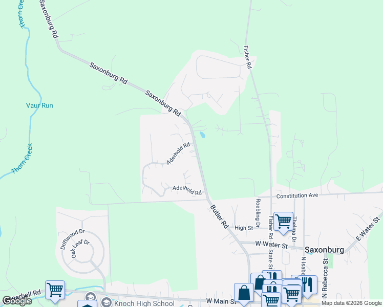map of restaurants, bars, coffee shops, grocery stores, and more near 326 Butler Road in Saxonburg