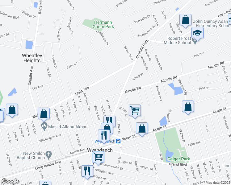 map of restaurants, bars, coffee shops, grocery stores, and more near 193 Nicolls Road in Wyandanch