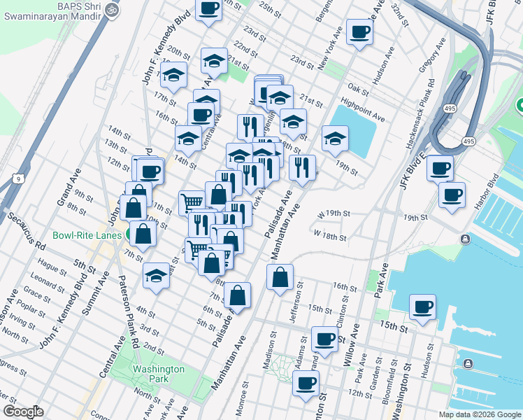 map of restaurants, bars, coffee shops, grocery stores, and more near 319 13th Street in Union City