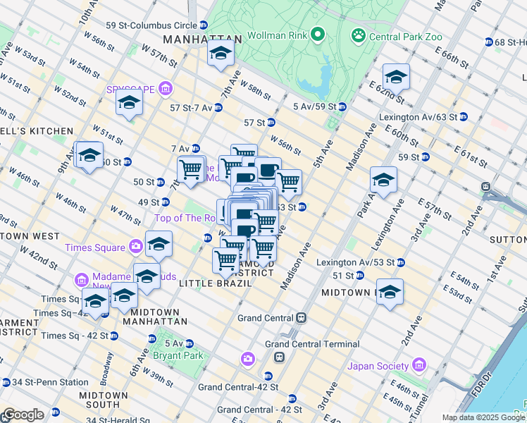 map of restaurants, bars, coffee shops, grocery stores, and more near 30 Rockefeller Plaza in New York
