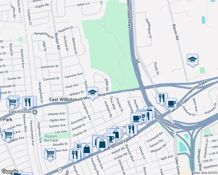 map of restaurants, bars, coffee shops, grocery stores, and more near 1 Ridge Road in East Williston