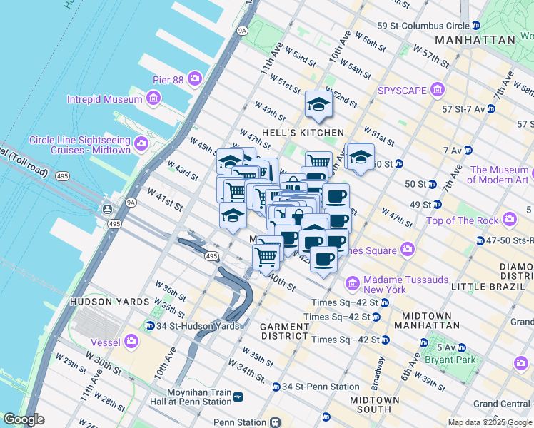 map of restaurants, bars, coffee shops, grocery stores, and more near 576 10th Avenue in New York