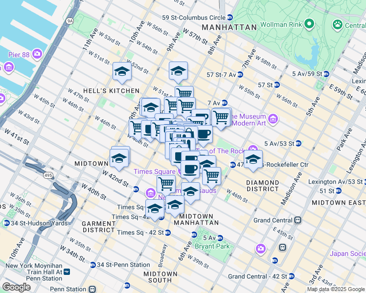 map of restaurants, bars, coffee shops, grocery stores, and more near 1585 Broadway in New York