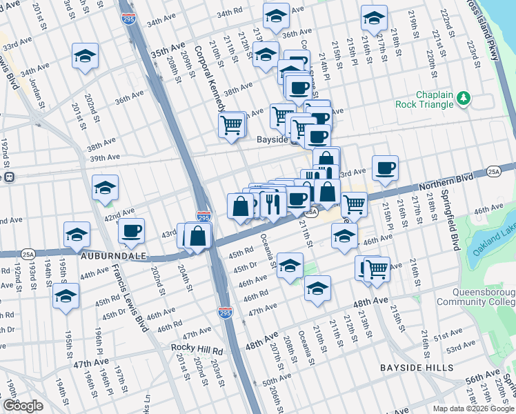 map of restaurants, bars, coffee shops, grocery stores, and more near 43-25 209th Street in Queens