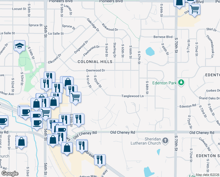 map of restaurants, bars, coffee shops, grocery stores, and more near 6316 Tanglewood Lane in Lincoln