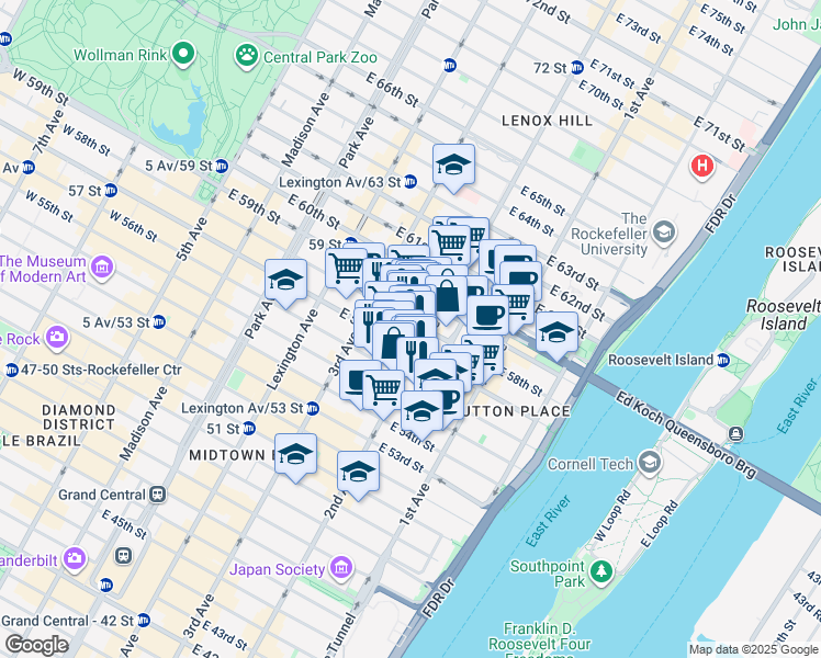 map of restaurants, bars, coffee shops, grocery stores, and more near 240 East 58th Street in New York