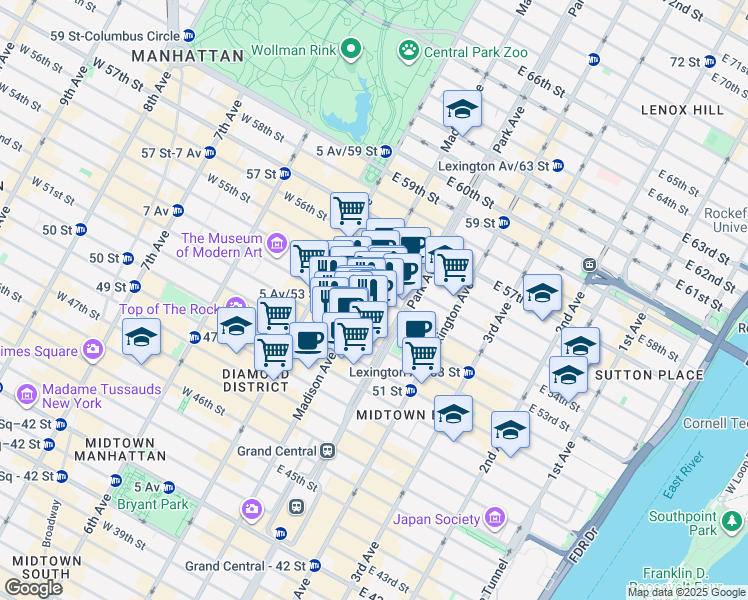 map of restaurants, bars, coffee shops, grocery stores, and more near 527 Madison Avenue in New York