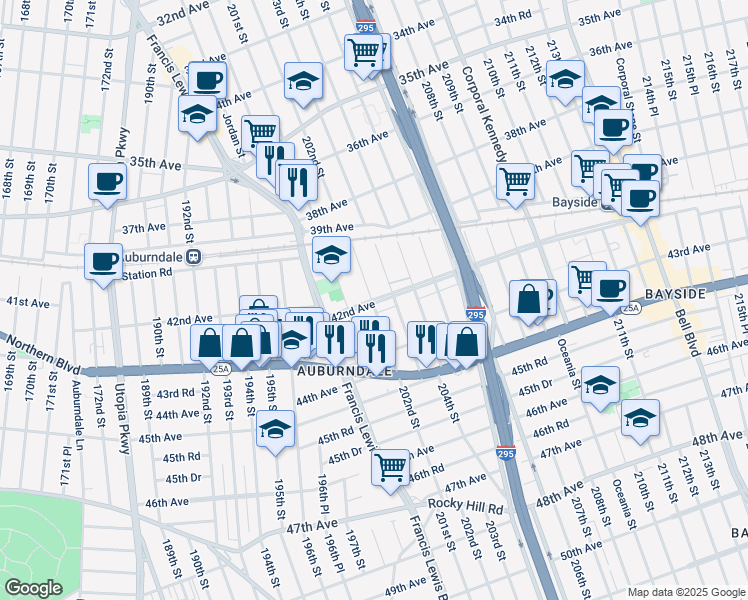map of restaurants, bars, coffee shops, grocery stores, and more near 42-16 202nd Street in Queens