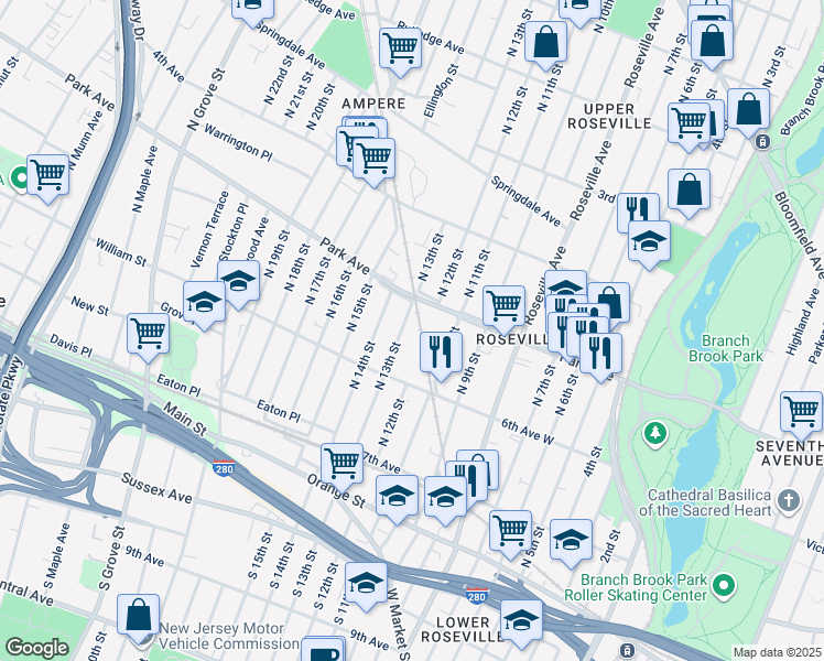 map of restaurants, bars, coffee shops, grocery stores, and more near 114-120 North 11th Street in Newark