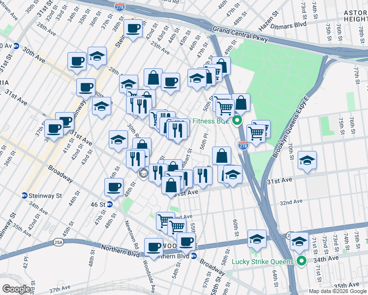 map of restaurants, bars, coffee shops, grocery stores, and more near 30-10 Hobart Street in Queens