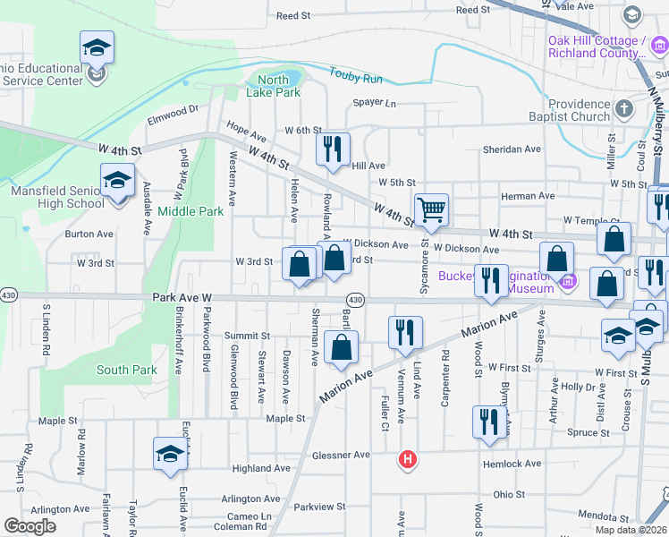 map of restaurants, bars, coffee shops, grocery stores, and more near 28 Rowland Avenue in Mansfield