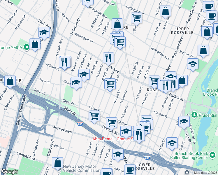 map of restaurants, bars, coffee shops, grocery stores, and more near 40 William Street in East Orange