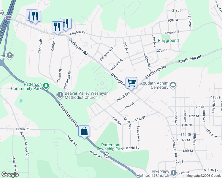 map of restaurants, bars, coffee shops, grocery stores, and more near 114 Book Avenue in Beaver Falls