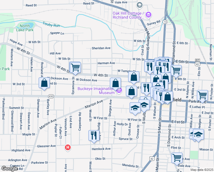 map of restaurants, bars, coffee shops, grocery stores, and more near 228 Park Ave W in Mansfield