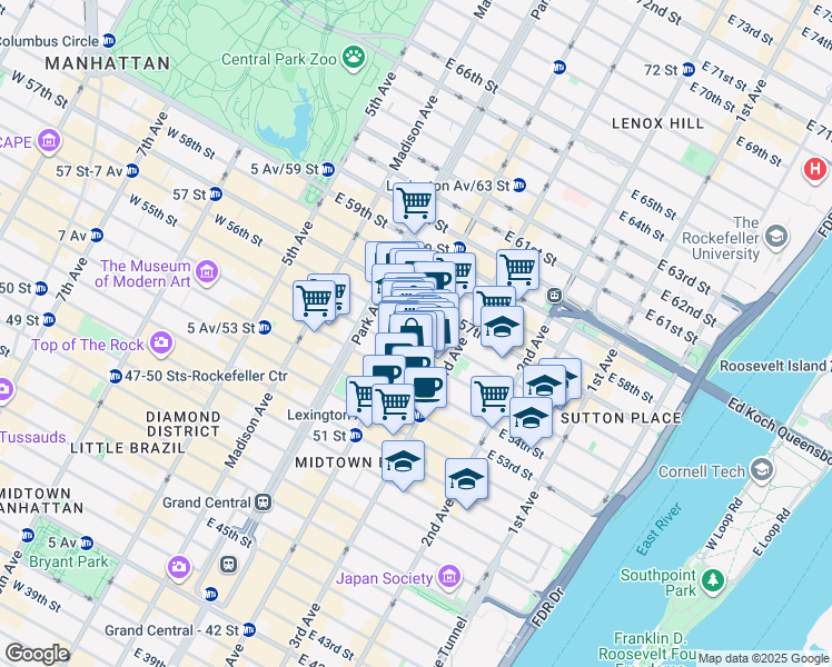 map of restaurants, bars, coffee shops, grocery stores, and more near 136 East 56th Street in New York