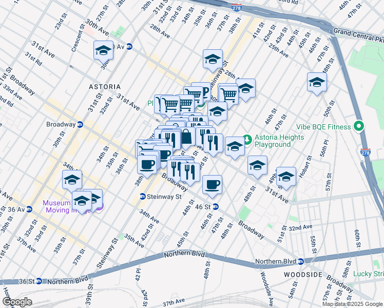 map of restaurants, bars, coffee shops, grocery stores, and more near 31-20 42nd Street in Queens