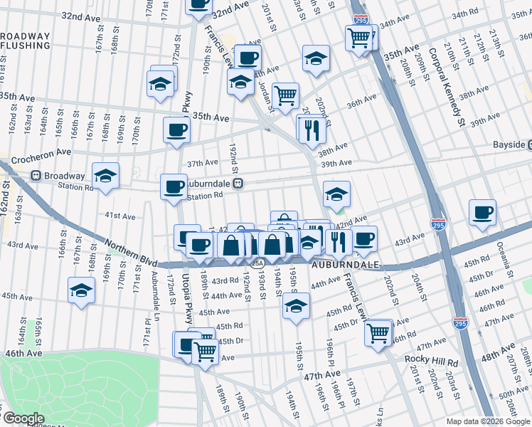 map of restaurants, bars, coffee shops, grocery stores, and more near 42-06 194th Street in Queens